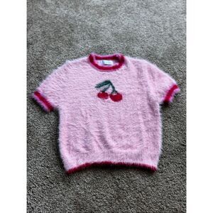 B2 Studio Pink Cherry Fuzzy Crew Neck Short Sleeve Crop Top Size XS